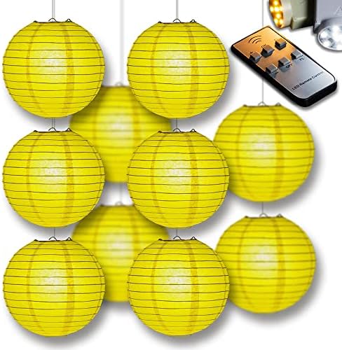 fantado PaperLanternStore.com 10" Yellow Paper Lantern Party Pack with Remote Controlled LED Lights (10-Pack Combo Kit) by Fantado+Party+%26+Event+Lighting
