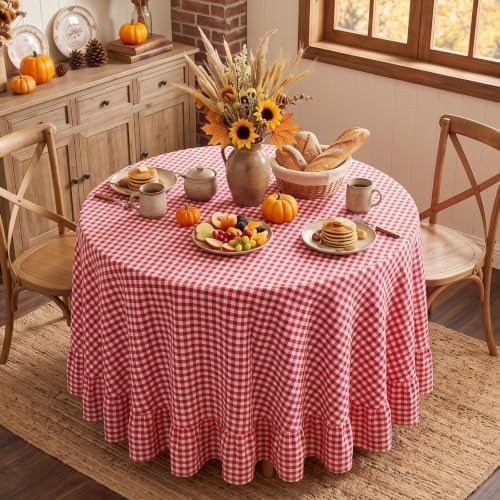 Eternal Beauty Gingham Ruffled Tablecloth Red White 90 Round Christmas Fall by EternalBeauty