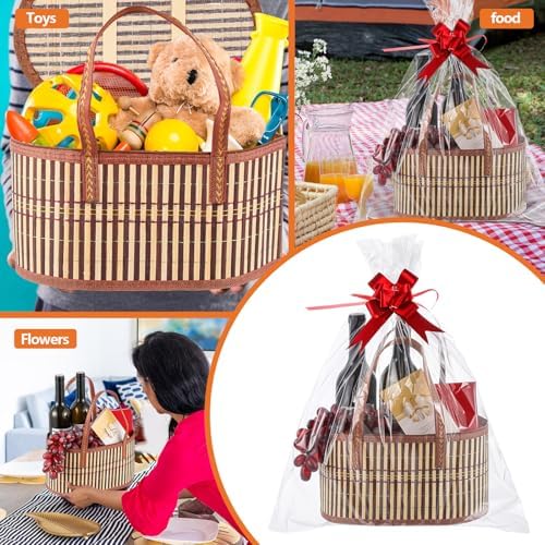 Tioncy 6 Set Woven Bamboo Gift Baskets with Handles Empty,Yellow - Image 5