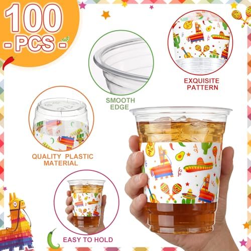100 Pcs Fiesta Plastic Cups, 12 oz Mexican Disposable Clear Plastic Drinking Cups Bulk for Mexican Independence Day, Fiesta, Cinco De Mayo, Taco Birthday Party Decoration Supplies - Image 2
