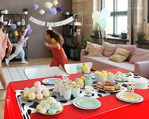 Oudain 222 Pcs Cow Dinnerware Set for 20 Guest Cow Tablecloth Plates and Napkins Cowgirl Party Decorations Cowboy Table Runner Plastic Black White Party Supplies(Black, White, Red,Classic) - Image 7