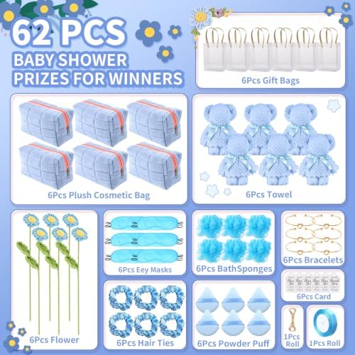 Rigibright 62PCS Baby Shower Prizes for Winners with Plush Cosmetic Bags and Towels Spa Accessories with Gift Bag for Baby Shower Games Wedding Bridal Shower Party Favors for Guests (6, Blue) - Image 3