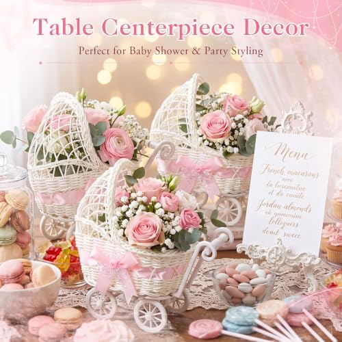 4 Pack Rattan Baby Carriage Floral Arrangement Pink Baby Shower Table Centerpiece Stroller Candy Serving Basket for Guests Gender Reveal Wedding Party Favor Gift, Floral Not Included - Image 4