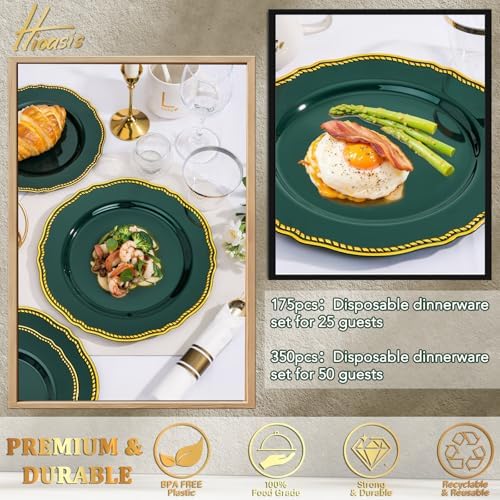 Hioasis 175 Pcs Green Gold Plastic Plates Wedding & Party - Image 4