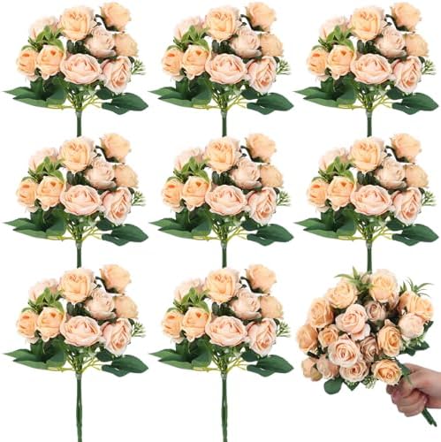 Zeyune 8 Pack 12 Inch Artificial Rose Bouquet, Champagne by Zeyune