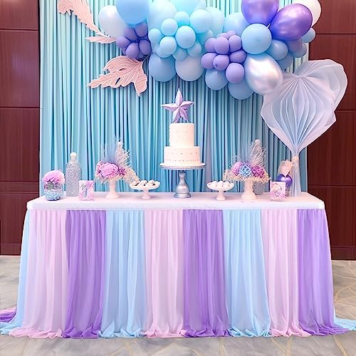 14ft Pink Blue Purple Tulle Table Skirts for Mermaid Baby Shower Birthday Party Wedding Pastel Tutu Table Cloth Cover for Rectangle Tables or Round Tables for Unicorn Cake Dessert Table Decorations - Image 2