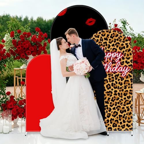 FYSUIMU 3 Pcs Leopard Print Happy Birthday Arch Backdrop Covers Red Black Cheetah Print Lips Stretchy Spandex Arch Stand Fabric Cover for Birthday Party Decor Photo Background (4ft/5ft/6ft) - Image 7