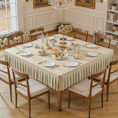 Wish Care Natural Spandex Tablecloths for 54x54 Inch Square Tables, Stretch Fitted Table Clothes with Pleated Ruffle Skirt for 54” Table, Wrinkle Free and Elastic, for Party Kitchen Home Dining by WishCare