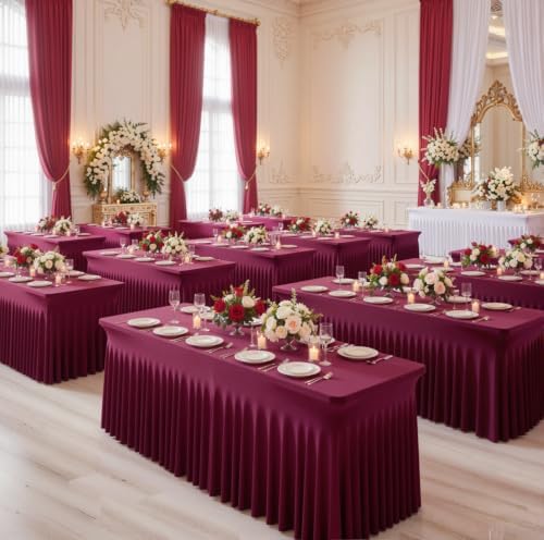 Burgundy Table Cloth for 6 Foot Rectangle Tables Fitted Stretch Spandex Table Cover with Skirt 6ft Baby Shower Birthday Party Banquet Ruffle Burgundy Tablecloth Wedding Table Cloths Desk Skirt, 2 Pack - Image 2