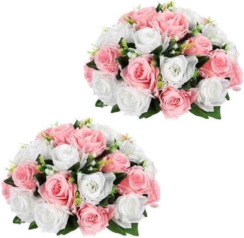 Briful Fake Floral Balls for Centerpieces - 2PCS 11.8" Large Faux Rose Flower Arrangement Silk Flower Bouquet for Home Wedding Party Anniversary Table Vase Flower Stand Decor(White Pink) by Briful