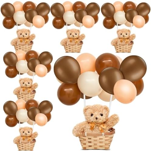 Hollowfly 6 Set Bear Baby Shower Party Decoration Table Centerpieces 6 Gender Reveal Stuffed Plush Bears 6 Bamboo Baskets 60 Colorful Balloons 12 Balloon Stands Birthday Party Wedding(Brown) by Hollowfly