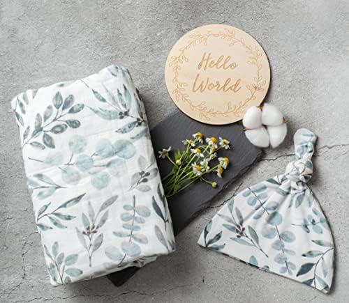 Miaoberry Organic Muslin Swaddle Blankets with Matching Hat and Wooden Hello World Newborn Sign | Eucalyptus Newborn Photography Props | Birth Announcement Sign - Image 3