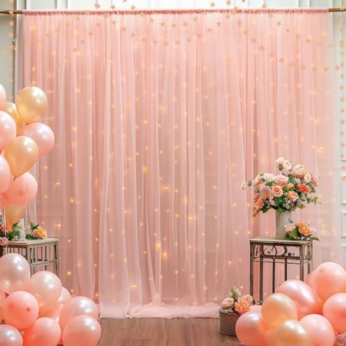 20x8ft Peach Tulle Backdrop Curtain with Lights String for Parites, Sheer Backdrop Curtains for Wedding Baby Shower Birthday Party Photo Shoot Decorations - Image 5