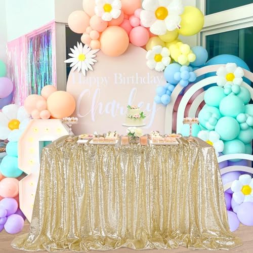 Party Tablecloth Light Gold 90x156 Inch Sequin Fabric Seamless Table Cloths - Image 2