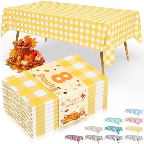 Smiry 8 Packs Gingham Disposable Table Cloth, 54 x 108 Inch Waterproof Plastic Tablecloth, Rectangle Yellow and White Checkered Table Covers for Picnic, Birthday, Party by Smiry