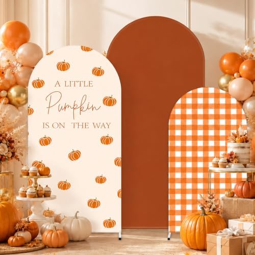 FYSUIMU 3 Pcs Fall Arch Backdrop Covers A Little Pumpkin is on the Way Baby Shower Decorations Orange Plaid Stretchy Spandex Arch Stand Fabric Cover for Autumn Gender Reveal Birthday (4ft/5ft/6ft) by FYSUIMU