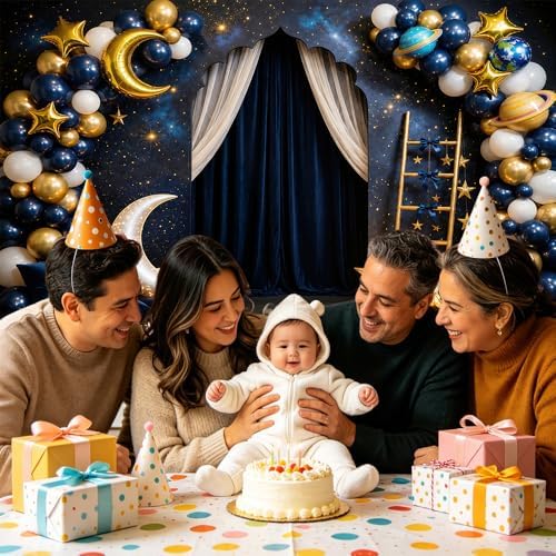12 x 10 ft Navy Blue Starry Night Backdrop Gold Moon Stars Balloons Night Sky Curtain Theme Photography Background Galaxy Star Baby Shower Birthday Newborn Portrait Photo Booth Decor - Image 3