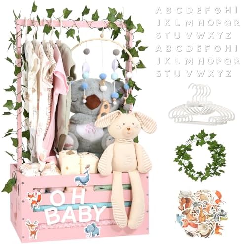 Large Baby Shower Gifts Basket Wooden Crate, Personalized Wooden Letters Hangers New Born Baby Girl Boy Pregnancy Gifts for New Mom Parents Vine Decorations Cute Closet with Adjustable Handle Pink by MAMBAKOTR