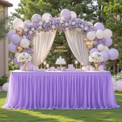 Purple Fitted Tablecloth Rectangle 6 Foot Stretch Elastic Tulle Ruffle Tablecloths Rectangular Spandex Table Covers 6ft Birthday Baby Shower Wedding Party Table Cloths with Skirt 2Pack - Image 2
