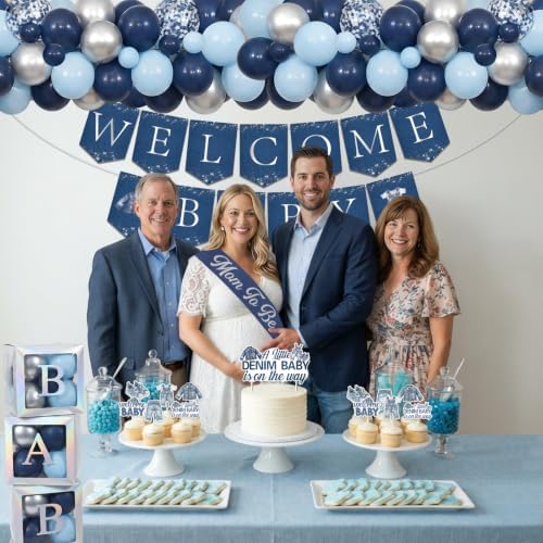 A Little Denim Baby Is On The Way Baby Shower Decorations Kit Includes Backdrop Banner Balloon Boxes Mom To Be Sash Cake Toppers 75 Balloons Denim And Diamond Gender Reveal Decor for Boy - Image 4
