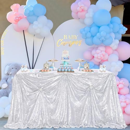 SoarDream Silver Party Tablecloth 90x132 Inch Sequin Sparkle Table Cover Glitter Rectangle Tablecloth for Wedding Baby Shower Birthday Party Table Decor - Image 4