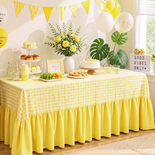 Yellow Gingham Tablecloth Plaid Ruffled Table Skirt, 132 x 90'' - Image 4