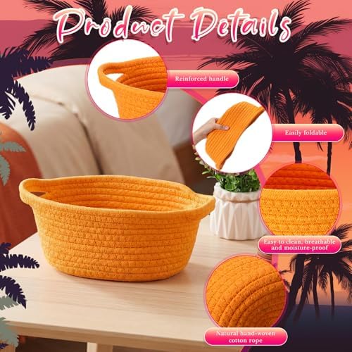 LemonRoad 5 Pcs Cotton Rope Basket with Handles 9x6x5" Pink Orange Color - Image 3