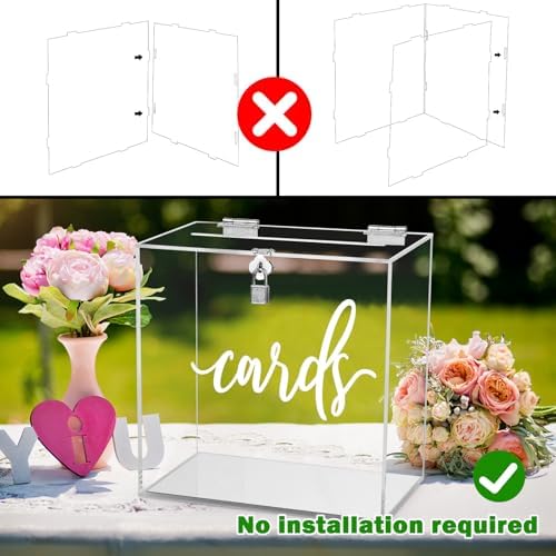 Hooqict Clear Acrylic Card Box with Lock and Slot, Thick DIY Wedding Gift Card Box for Party, Graduation, Wedding Reception, Retirement, Bridal or Baby Shower, Raffle Ticket Money Envelope Holder - Image 2