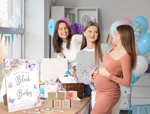 Purple Butterfly Baby Shower Decorate a Block Game Set 79 Pieces,Baby Shower Blocks for Gender Reveal Games, Includes 54 Blank Baby Building Blocks, 24 Watercolor Markers, 1 Baby Shower Game Sign,4 - Image 5