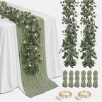 Cinrobiye 11pcs Cheesecloth Table Runner Set 120 Inch – Gauze Table Runner with Napkins, Eucalyptus Garland & String Lights for Wedding Baby Shower Table Decor, Rustic Boho by Cinrobiye
