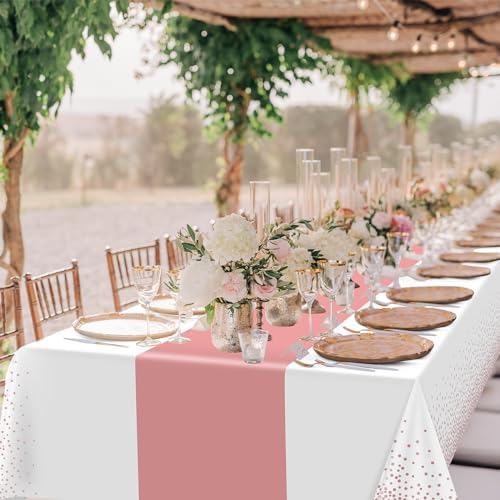 12Pcs White Rose Gold Tablecloth Party Decorations,Plastic White Table Cloth Printed Rose Gold Table Runner Disposable Rectangle Tables Cover for Birthday Anniversary Wedding Grad Party,54 x108 Inch - Image 5