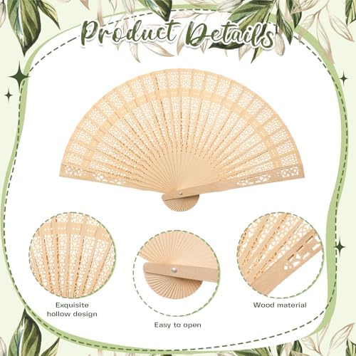 50 Sets Wooden Wedding Fans Sandalwood Handheld Folding Fans with Ribbon Thank You Tag for Wedding Guests Baby Shower Birthday Bridal Gifts Party Favors (Green,Leaf) - Image 3
