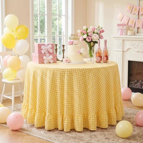 Eternal Beauty Gingham Ruffled Tablecloth Butter Yellow White 70 Round Fall - Image 2