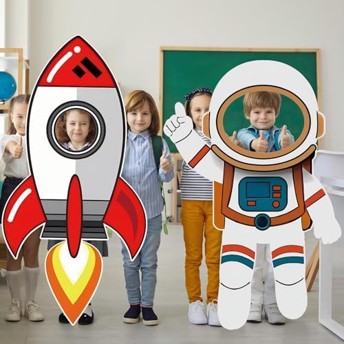 2 Pcs 3.94 ft Space Photo Booth Prop Rocket Astronaut Life Size Cardboard Cutout Stand up Backdrop Rocket Cardboard for Space Birthday Party Decoration Science Event Display - Image 6