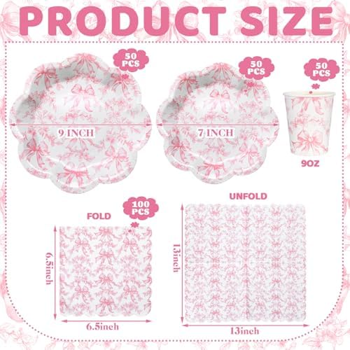Newtay 250 Pcs Pink Bow Disposable Paper Plate Napkins - Image 2