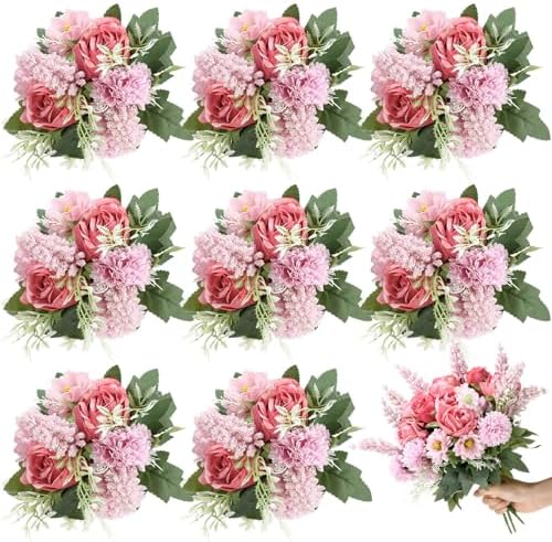 Zeyune 8 Pcs 13.4 Inch Artificial Flowers Bouquet,Rose,Bean Paste Pink by Zeyune