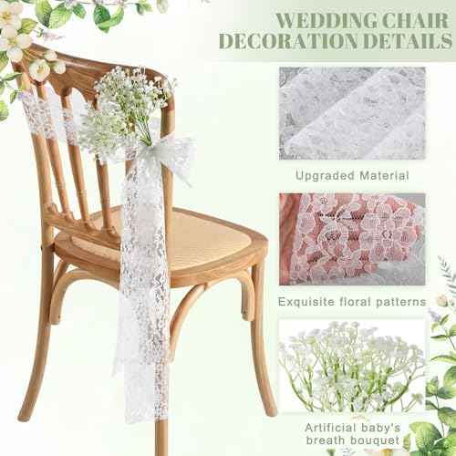 Moukeren 24 Sets White Lace Chair Sashes with Artificial Baby's Breath, 8.2ft Wedding Aisle Pew Decorations Church Ceremony Chair Ribbons for Bridal Shower Banquet Party Decor - Image 3