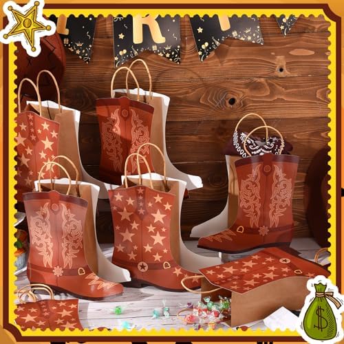 Mooliwe 32 Pcs Cowboy Cowgirl Boots Paper Bags Western Theme Kraft Gift Bag with Handles Candy Goodie Treat Grocery for Favors Wild West Birthday Rodeo Bachelorette Baby Shower Party Supplies (Brown) - Image 2