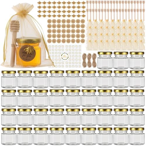 1.5 oz Mini Hexagon Glass Honey Jars 40 Pack, Gold Lids with Dipper & Jute by TOEKSIX