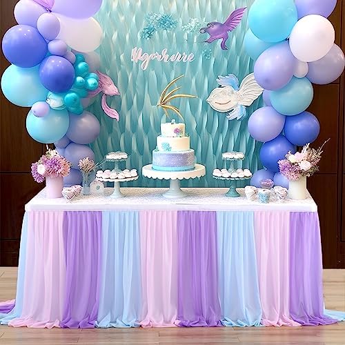 Mermaid Tulle Table Skirt Blue Pink Purple Striped Table Skirts for Rectangle Tables Frozen Baby Shower Mermaid Birthday Parties Decoration 9ft - Image 5