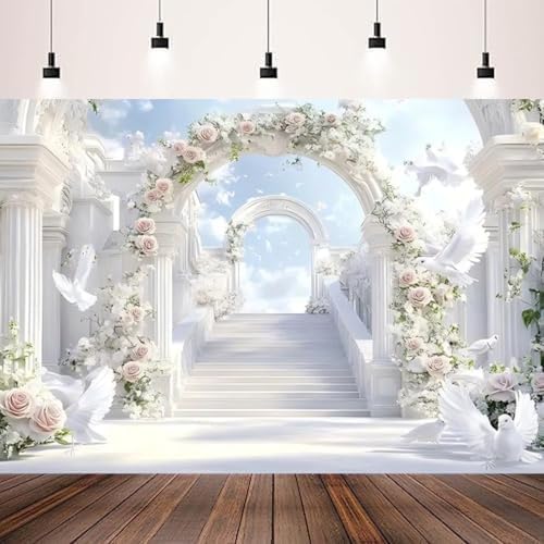 Paradise Gate Sky Stairway to Heaven Backdrop Holy Light Clouds Blue Sky Floral Archway White Doves Background Baby Shower Church Party Newborn Portrait Photo Booth Studio Props (White, 9 * 6feet) - Image 5