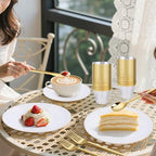 bUCLA 150PCS White and Gold Plastic Plates Disposable - 25 Guests Gold Dinnerware Set - Include 25 Each (Dinner & Dessert) Plates, 25 Knives, 25 Forks, 25 Spoons & 25 Cups for Party - Image 3