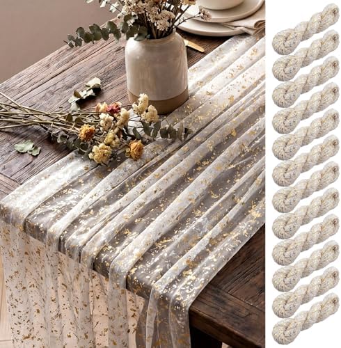 Shihanee 12 Pcs Beige Gold Gauze Table Runners Sheer Cheesecloth Runner by Shihanee