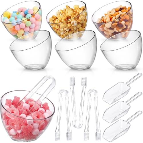 6 Pcs 25 oz Clear Plastic Serving Bowls with 3 Scoops 3 Tongs by Unknown