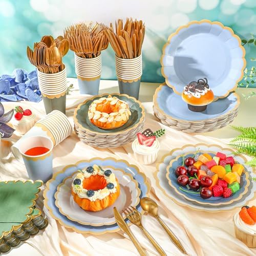 Mimorou 338 Pcs Dusty Blue and Sage Green Plates and Napkin Party Supplies - Image 2