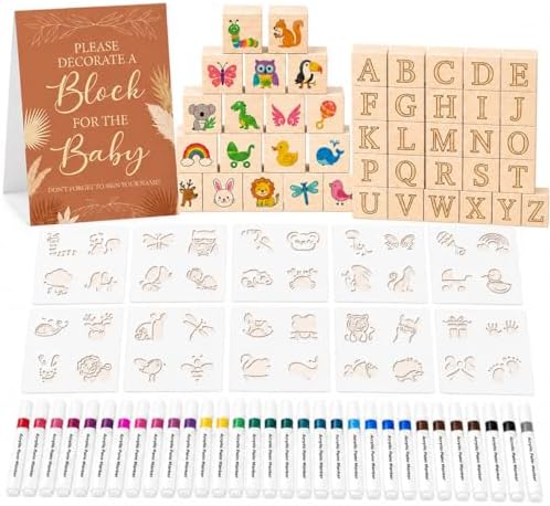 117 Pcs Baby Shower Blocks to Decorate Game Kit, 52 Wooden Baby Blocks for Baby Shower Games, 24 Acrylic Markers, 10 Stencils, Game Sign, DIY Baby Shower Activity & Gender Reveal Decor, Kraft Boho by Unknown