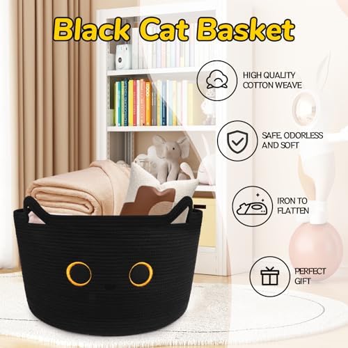 Large Black Cat Basket for Nursery,Cute Cat Woven Laundry Blanket Cotton - Image 3