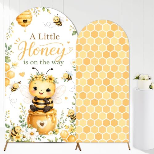 2PCS A Little Honey is on the Way Arch Backdrop Cover 6ft 7.2ft Stretchy Spandex Fitted Bumble Bee Baby Shower Backdrop for Honey Bee Baby Shower Party Decorations Supplies Photo Props by Tarndom