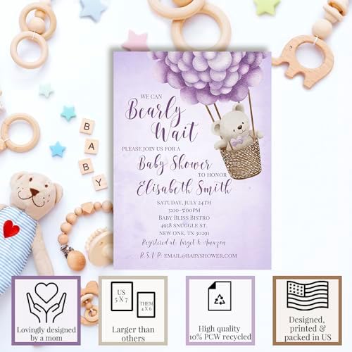 Amanda Creation Teddy Bear Baby Shower Invitations, 20 Personalized 5x7 Custom Baby Shower Invitations with Envelopes, Purple Bear Balloon Design - Image 2