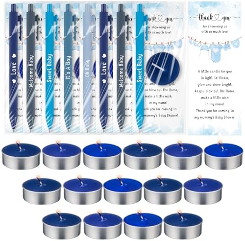 Spakon 60 Sets Baby Shower Favors for Guests Include Unscented Tealight Candles Multicolor Ballpoint Pen Thank You Card OPP Bags Gender Reveal Gifts for Baby Shower Game Prizes(Blue,Boy) by Aranorun